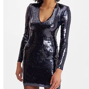 NWT Express Sequin V-Neck Strong Shoulder Mini Sheath Dress in Navy-Size Small